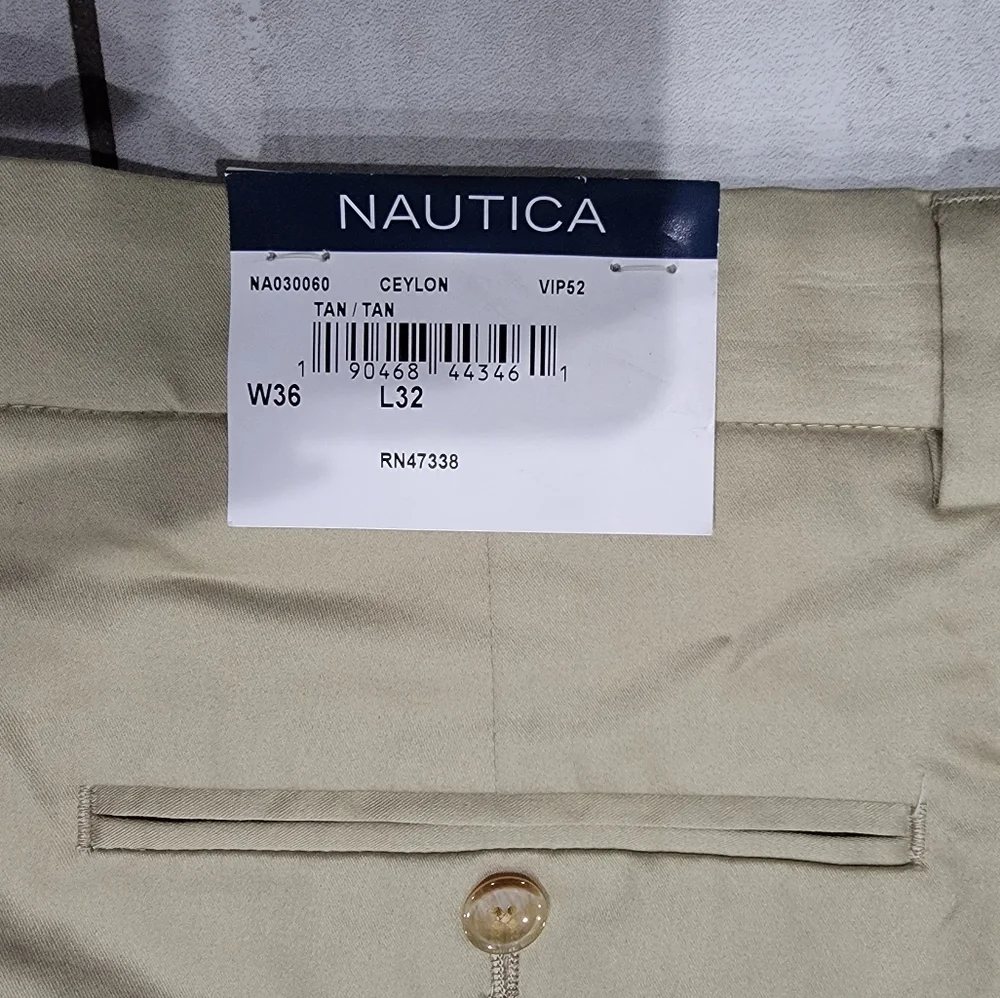 NAUTICA Men's Modern-Fit Ceylon Linen Solid Tan Khaki Dress Pants